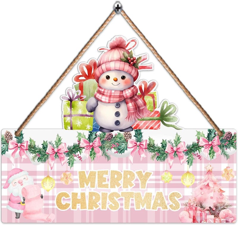 Hatzelou 1PCS Merry Christmas Wall Hanging Sign, Pink Wooden Sign for Front, Chrismas Theme Welcome with Snowman, Perfect for Winter Farmhouse Garden Porch Wall Decor (Christmas Door Sign) - Image 1